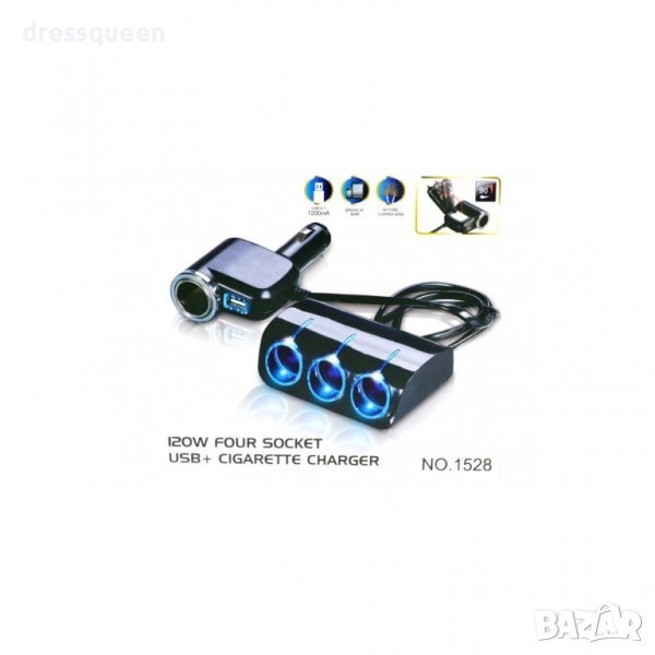 1528 разклонител за кола с 4 гнезда за запалка и USB вход, снимка 1