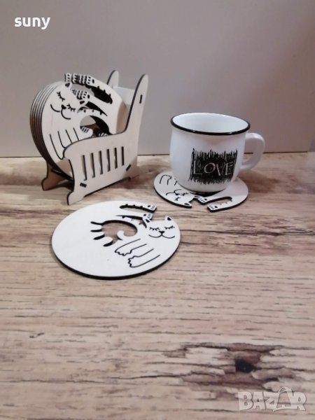 Дървени подложки за чаши коте 8 бр с поставка, снимка 1