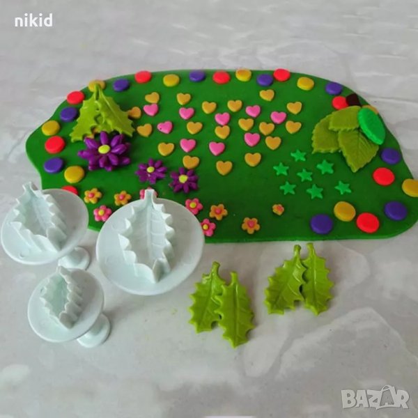 3 бр имел имели остри листа коледни резци с бутало украса декор торта фондан шоколад резец форма, снимка 1