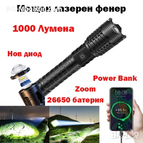 Мощен далекобоен лазерен прожектор LED фенер Power Bank USB за лов риболов къмпинг туризъм работа