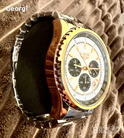 Мъжки класически, луксозен хронограф LIGE *Елегант* Аристократично златист металик !, снимка 10 - Мъжки - 49621415