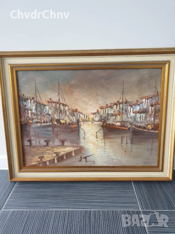 86х66см/голяма картина масло върху платно/морски пейзаж/селски къщи-рибарски лодки