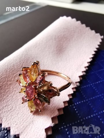 Елегантен Сребърен 925 Пръстен с позлата и натурални Турмалини!, снимка 9 - Пръстени - 40435935