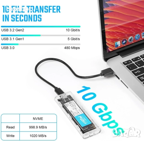 AXFEE M.2 NVMe SSD корпус, външен корпус с USB 3.1 Gen 2 NVMe без инструменти, USB C NVME адаптер..., снимка 4 - Кабели и адаптери - 52343972