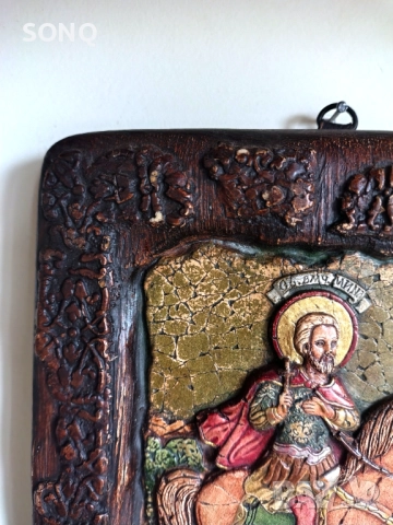 Прекрасна Много Стара Дървена Икона - Свети Мина, снимка 2 - Икони - 52125458