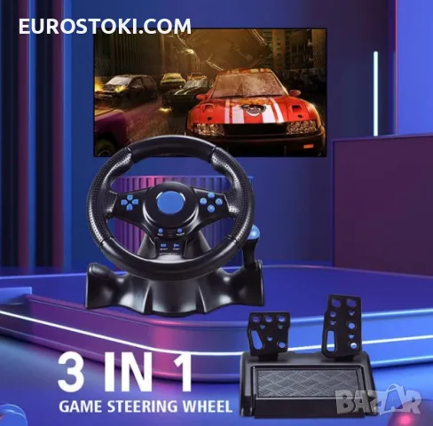 Геймърски волан с педали, въртящ се на 180 градуса, USB, съвместим с PS3/PS2/PC, снимка 2 - Аксесоари - 56228367