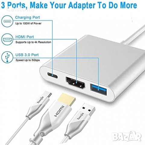 Хъб USB C към HDMI адаптер, Type C to HDMI 4К, USB 3.0 and Type C PD 100 W, снимка 2 - Други - 40213583