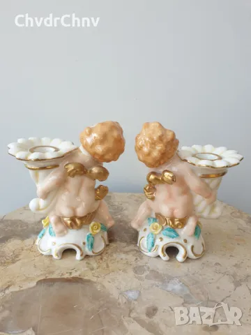Goebel 10см/2бр чифт Гьобел Германия малки стари немски порцеланови свещници-ангелчета, снимка 3 - Антикварни и старинни предмети - 49117265