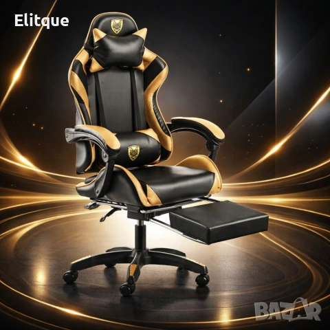 Черен геймърски стол с златисти акценти и разтегляема поставка за крака , снимка 4 - Столове - 53242816