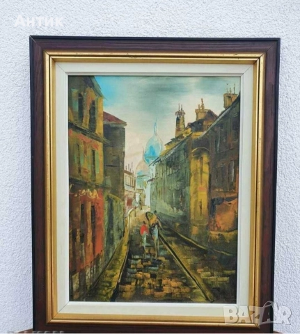 Красива Стара Картина Уличен Пейзаж Живопис Маслени Бои на Платно