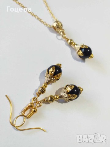 Разкошен Викториански комплект бижута обеци и колие с Черен диамант и изящни орнаменти в цвят злато , снимка 7 - Бижутерийни комплекти - 42473117