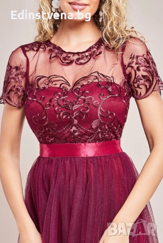 Дамска дълга рокля в цвят бордо от тюл с бродирана горна част и сатенен колан, снимка 3 - Рокли - 52392066