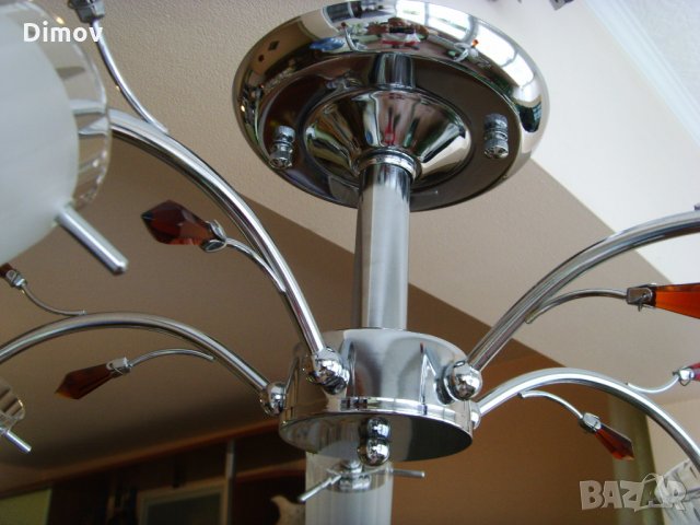 Полилей. Неръждаема стомана-инокс , кристал и стъкло - 220V5х 60W , снимка 8 - Полилеи - 31368472