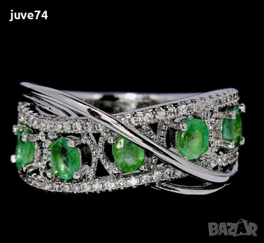 СРЕБЪРЕН ПРЪСТЕН С ЕСТЕСТВЕНИ ИЗУМРУДИ (ЗАМБИЯ)