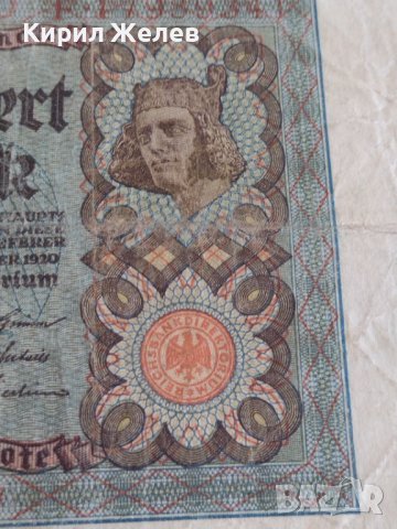 Райх банкнота  100 марки 1920г. Германия перфектна за колекционери 28299, снимка 3 - Нумизматика и бонистика - 37153286