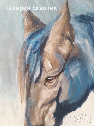 Маслена картина "Синьо конче" с авторско стихче към нея, снимка 4 - Картини - 54152554