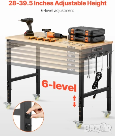 Работна маса, Vevor, дърво, 900 кг, правоъгълна, с колела, 121x60 см, кафява и допълнителен плот USB, снимка 7 - Други стоки за дома - 54129273