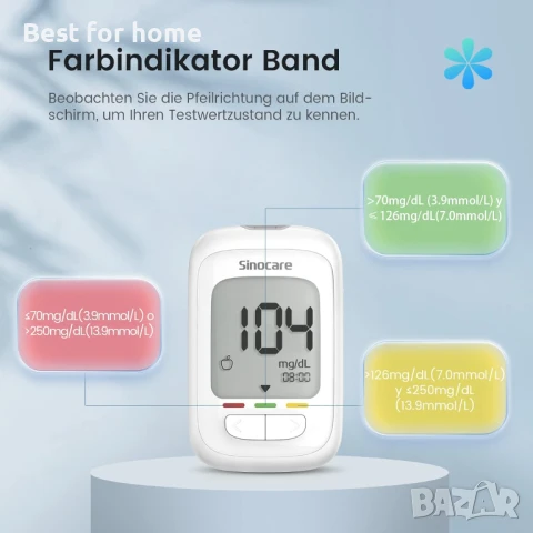  Комплект глюкомер за кръвна захар със 100 тест ленти от sinocare, снимка 2 - Уреди за диагностика - 50722765