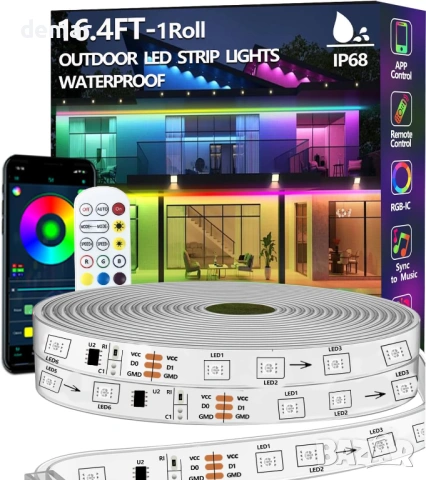 5 м външна RGB+IC LED лента, приложение/дистанционно, IP68