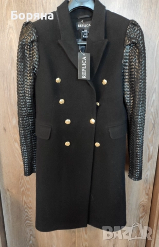 Replica Moda ново с етикет палто вълна с кожени ръкави, снимка 3 - Палта, манта - 52631600