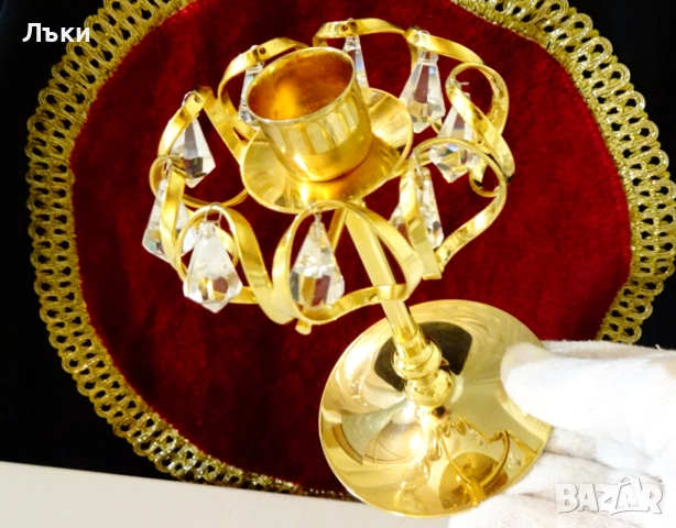 Позлатен свещник с кристали Lycenta,Sweden. , снимка 6 - Антикварни и старинни предмети - 52900360