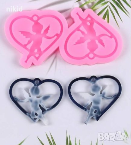 Ангел ангели в сърце висулки силиконов молд форма за обеци колие бижу декор фондан смола висулка, снимка 2 - Форми - 42069523
