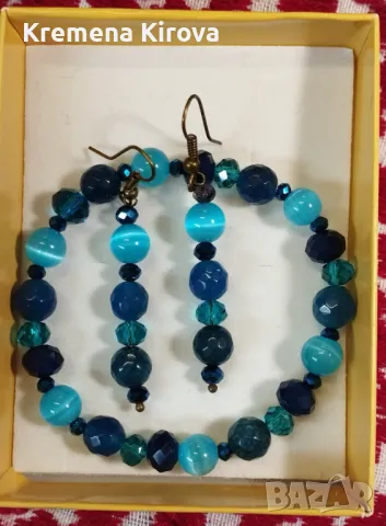 Дамски обеци и гривна от аxат, котешко око и кристали. Ръчна изработка. Бижута Луди гъби., снимка 1