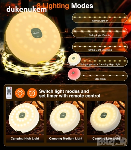 Соларни къмпинг лампички, 2м, 2-в-1, фенер и гирлянд с 8 режима, USB зареждане и дистанционно, снимка 3 - Соларни лампи - 52303362