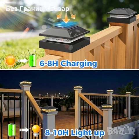 Нови Соларни лампи за колове ограда 4x4 2 броя 16 LED IP64 2 режима топла и студена светлина, снимка 5 - Соларни лампи - 54070179