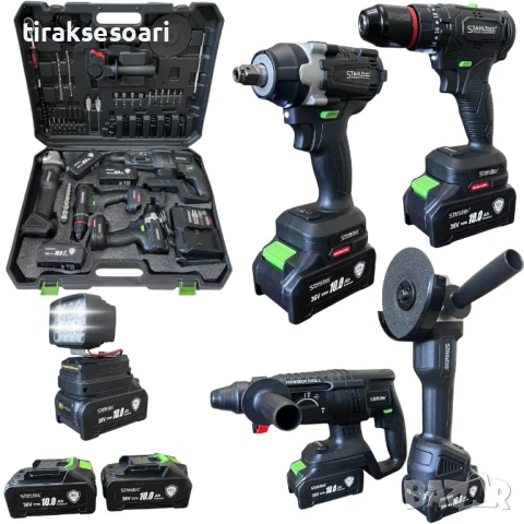 Акумулаторен комплект 5в1 , гайковерт , винтоверт , ъглошлайф , пефоратор , LED лампа - 36v 10.0A