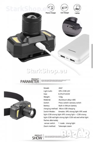  Професионален Челник за глава с ZOOM и сензор за движение, снимка 2 - Къмпинг осветление - 30499764