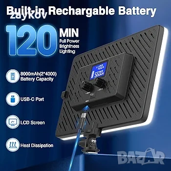 LED видео светлина Obeamiu, светлина за камера с акумулаторна батерия 4000mAh, захранване с USB, снимка 5 - Друга електроника - 54151996