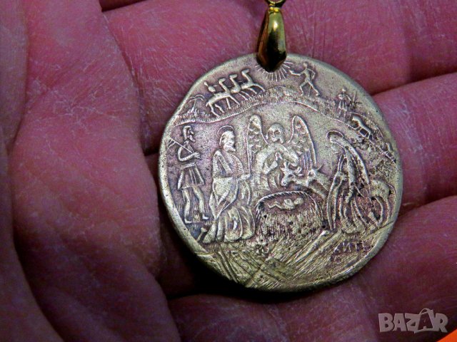 Старинен бронзов  църковен медальон за Кръщене, Кръщенка, рождество Христово - 1928 г, снимка 3 - Други - 39121143