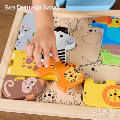Нов Fisher-Price дървен пъзел с животни, развиващи умения за деца игра, снимка 3 - Образователни игри - 51758791