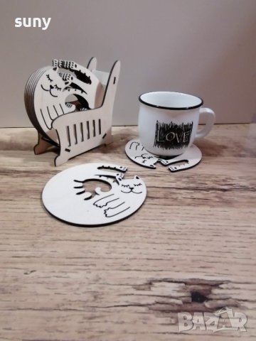 Дървени подложки за чаши коте 8 бр с поставка