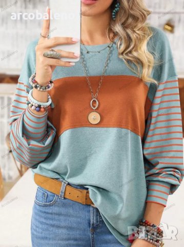 Дамска ежедневна блуза с контрастни райета и дълги ръкави, 5цвята , снимка 6 - Блузи с дълъг ръкав и пуловери - 44359300