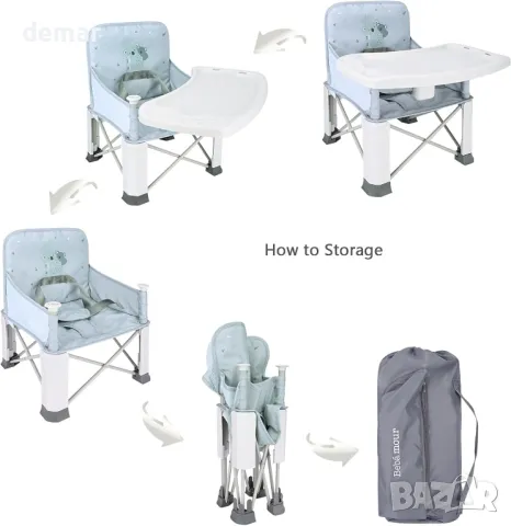 Bebamour Бебешко столче за хранене с подвижна табла и чанта за съхранение, сиво, снимка 7 - Столчета за хранене - 49517326