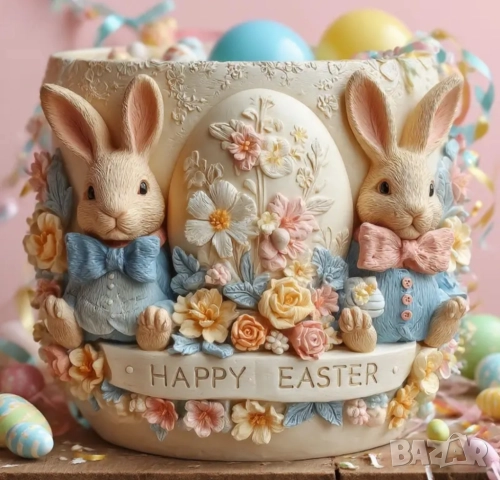 Силиконов молд кашпа Великден зайци, снимка 3 - Форми - 52211571