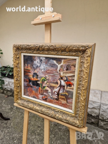 Уникална антикварна майсторска авторска картина масло върху платно , снимка 6 - Картини - 52270043