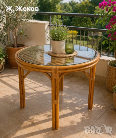 Уникална ратанова маса със стъклен плот