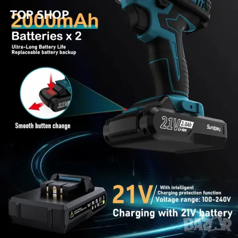 Sundpey 21V Електрическа бормашина Винтоверт с 2 батерии 2,0 Ah, LED светлина и нивелир, 2 скорости, снимка 2 - Винтоверти - 49522709