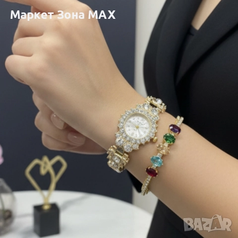 Луксозен дамски комплект – часовник с кристали + гривна с многоцветни камъни, снимка 3 - Дамски - 52931643