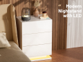 Нощно шкафче с LED светлини и 3 лъскави чекмеджета, бяло нощно шкафче за обзавеждане за спалня, моде