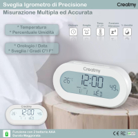 Дигитален часовник - будилник с  термометър и хигрометър CREATMY, снимка 2 - Друга електроника - 44581635