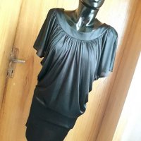 VILA Черна сатенена рокля с лъскав ефект и феерични ръкави С/М, снимка 1 - Рокли - 25695242