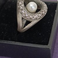 Красив сребърен пръстен с перла и камъни #61МН, снимка 3 - Пръстени - 44404257
