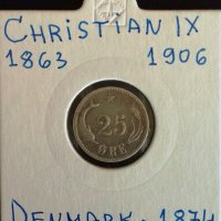 Монета Дания - 25 Йоре 1874 г. Крал Кристиян IX - Сребро, снимка 1 - Нумизматика и бонистика - 31649642