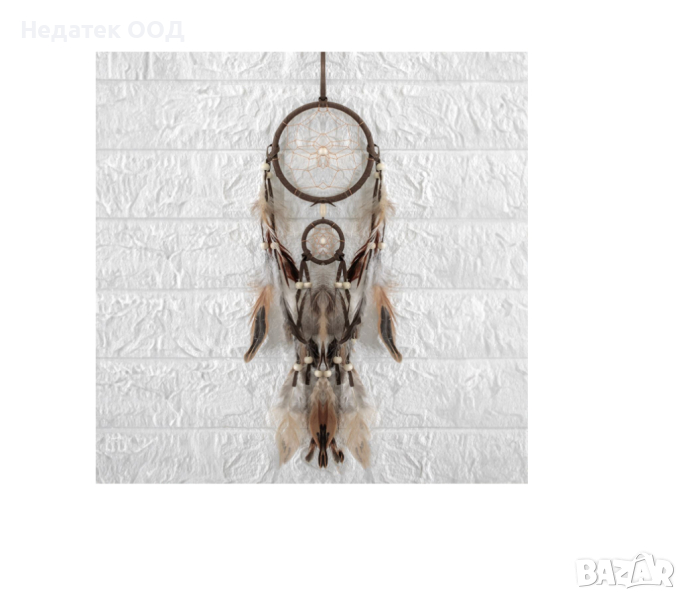 Декоративен, висящ ловец на сънища с въже, бели пера и дървени мъниста, 15x51 см, снимка 1