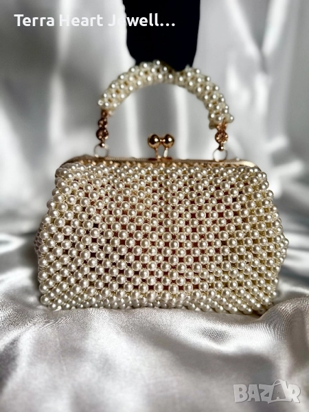 Дамска чанта ръчна изработка от перли цвят шампанско , снимка 1