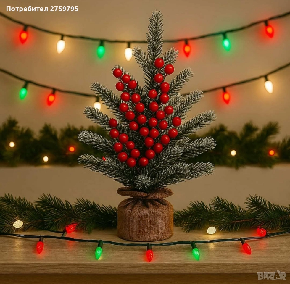 НОВО.Мини коледна елха със заснежени клонки и декоративни червени плодове ., снимка 1